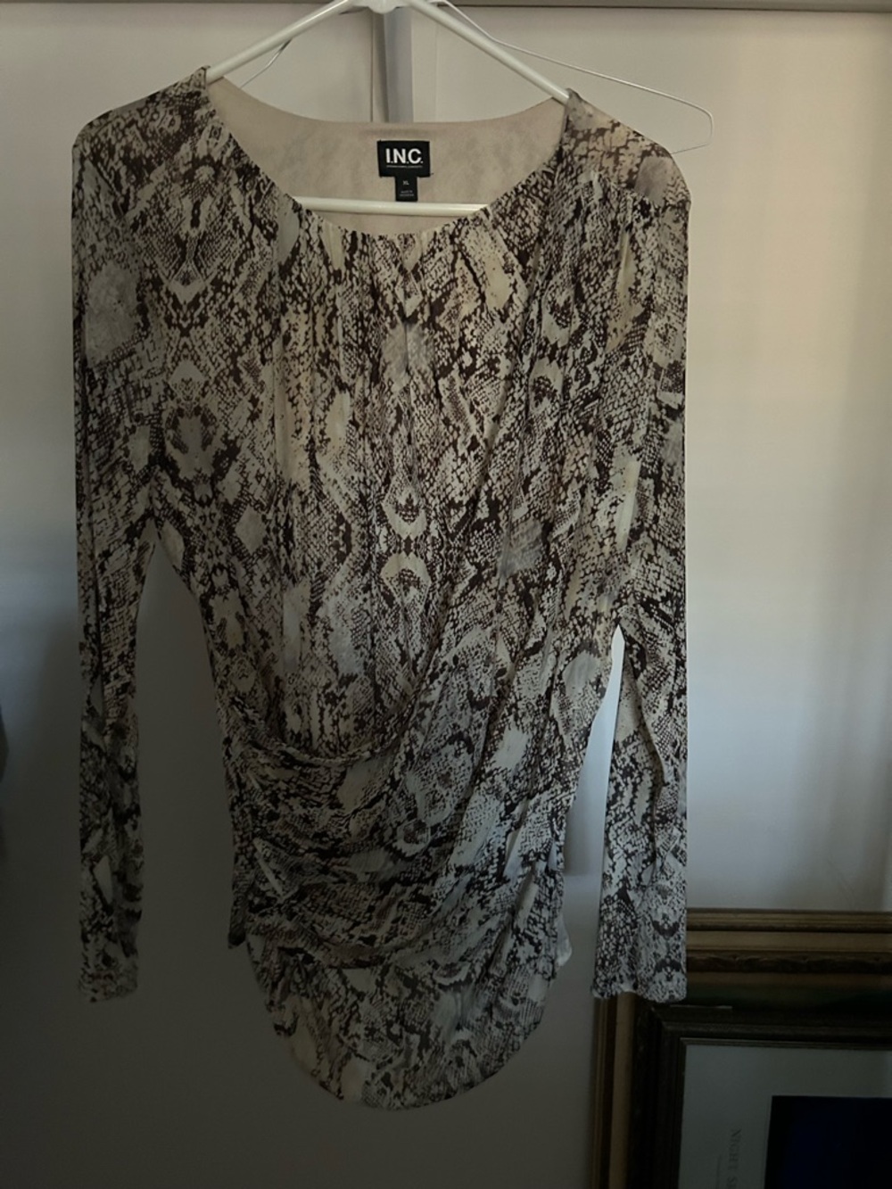 INC International Concepts Beige and Brown Snake Print Long Sleeve Blouse